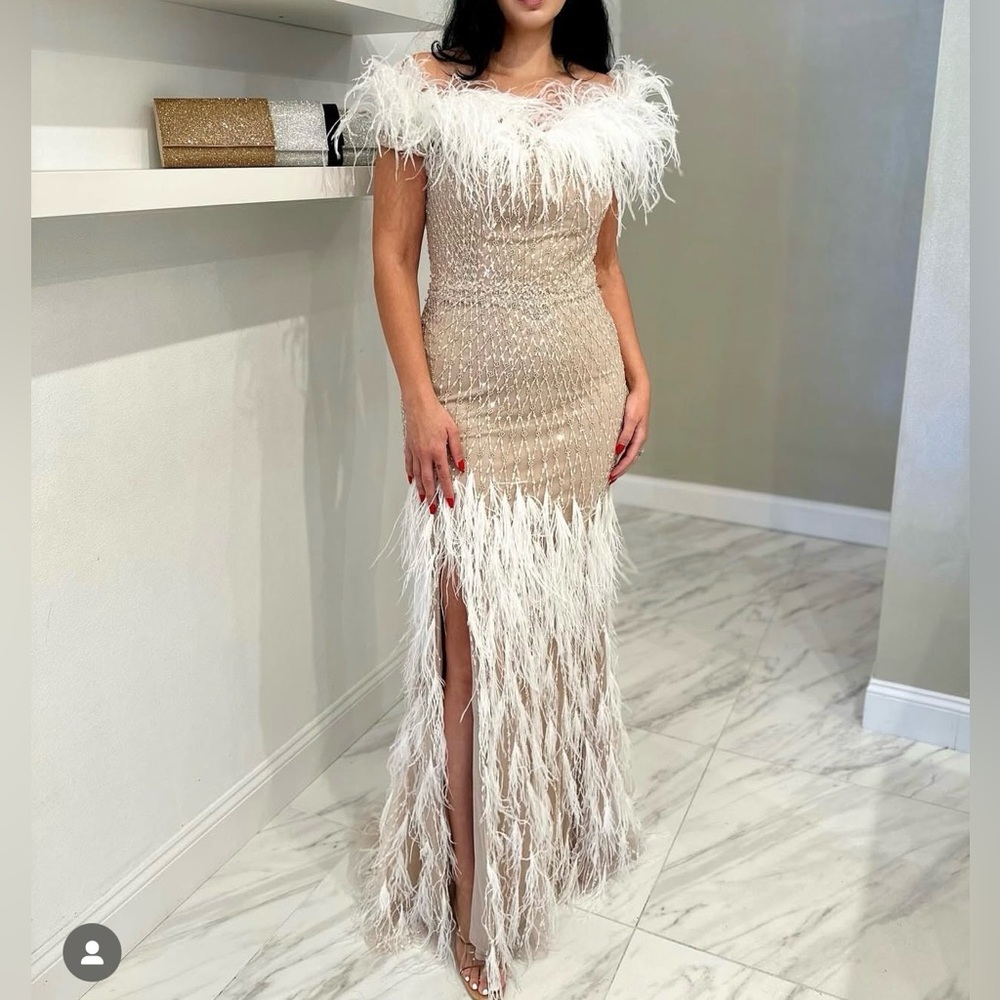 Terani Feather Embellished Evening Gown
